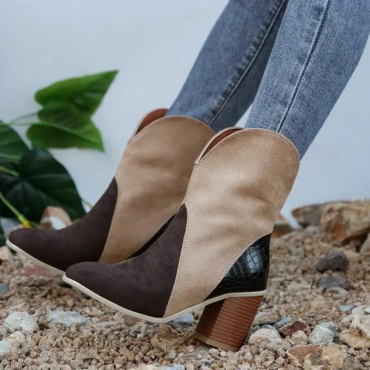 Retro Women Mid Calf Boots Handmade Round Toe Splicing Square Heel Autumn Winter Women's Boots Cowboy New Western Fashion Botas