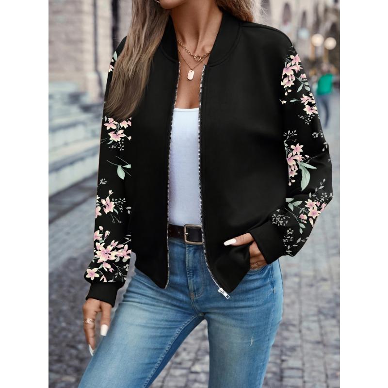 Jacke mit Blumenmuster und Reißverschluss, Elegante Langarmjacke mit Baseballkragen für Frühling und Herbst, Damenbekleidung