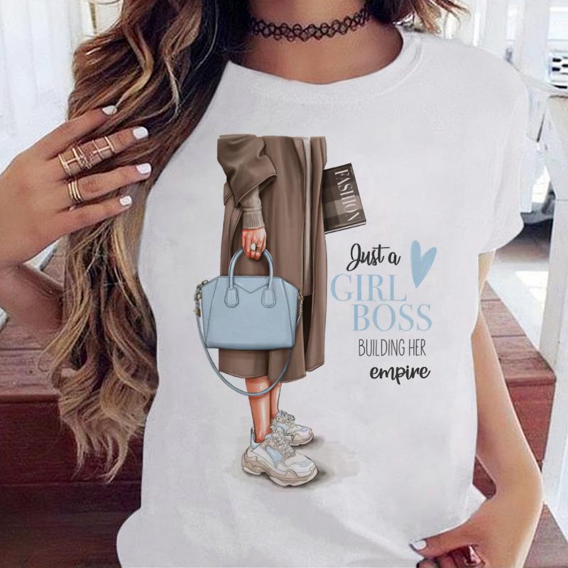 Women's Top Urban Girl Printed Casual White Cute Simple Retro Front Shoulder Pure Cotton Short Sleeved T-Shirts Women’s