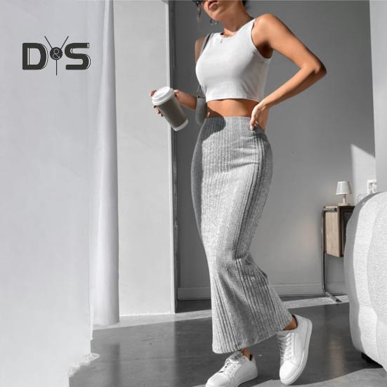 Women Fall Winter Skirt High Waist Knitted Elastic Thick Warm Ankle Length Striped Slim Fit Soft Sheath Lady Maxi Skirt