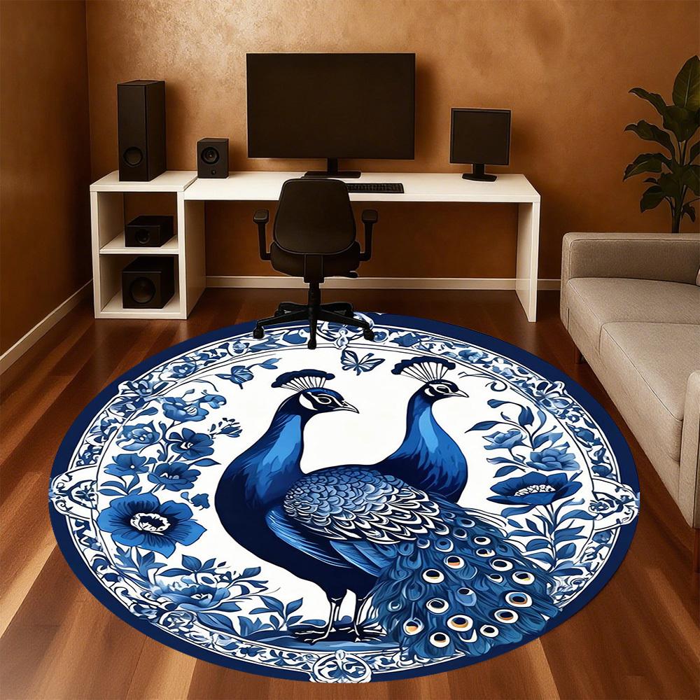 1pc Peacock Floral Round Chair mat Area Rug - Non-Slip, Floor Mat for Office, Bedroom, and Indoor Decor -1002226