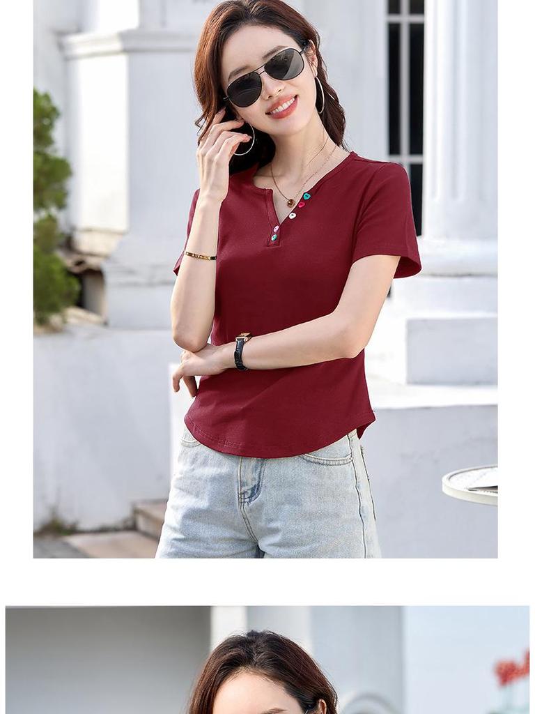Korean Style Slim Fit Women's V-neck Short Sleeve T-shirt - Solid Color Fashion Top