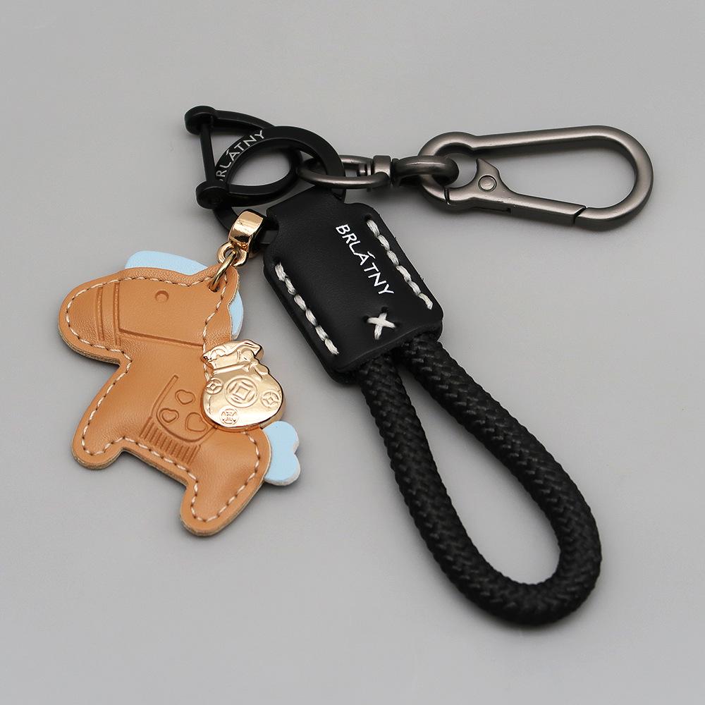 Handmade Genuine Leather Horse Keychain with Anti-Lost Lanyard and Woven Rope.