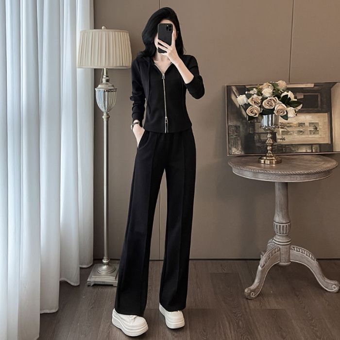 Fashionable Temperament Suit, Lazy Style Hooded Slim Fit Zipper Sweatshirt Casual Wide-leg Pants Two-piece Set
