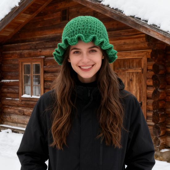 Fisherman Hat Solid Color Ruffled Brim Design Knitting Hat Windproof Warm Sun Protection Outdoor Activities Hat