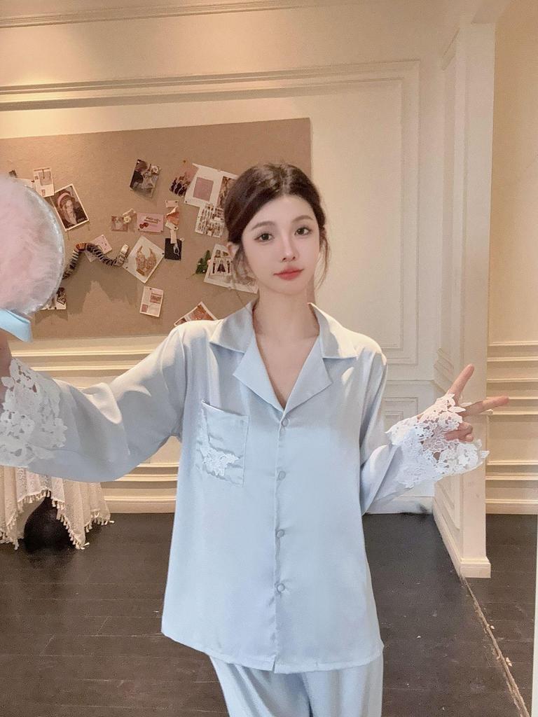 Women's Light Luxury Ice Silk Pajamas, Spring/Summer, Long Sleeve Satin with Lace.