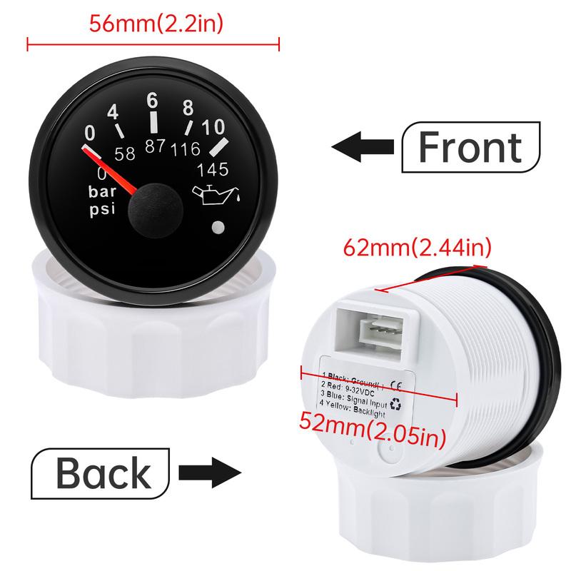 2" 52MM Oil Pressure Gauge 0~10bar/0~145psi Waterproof Oil Press Gauge+ Sensor with Red Backlight for Car Boat Marine 9-32V