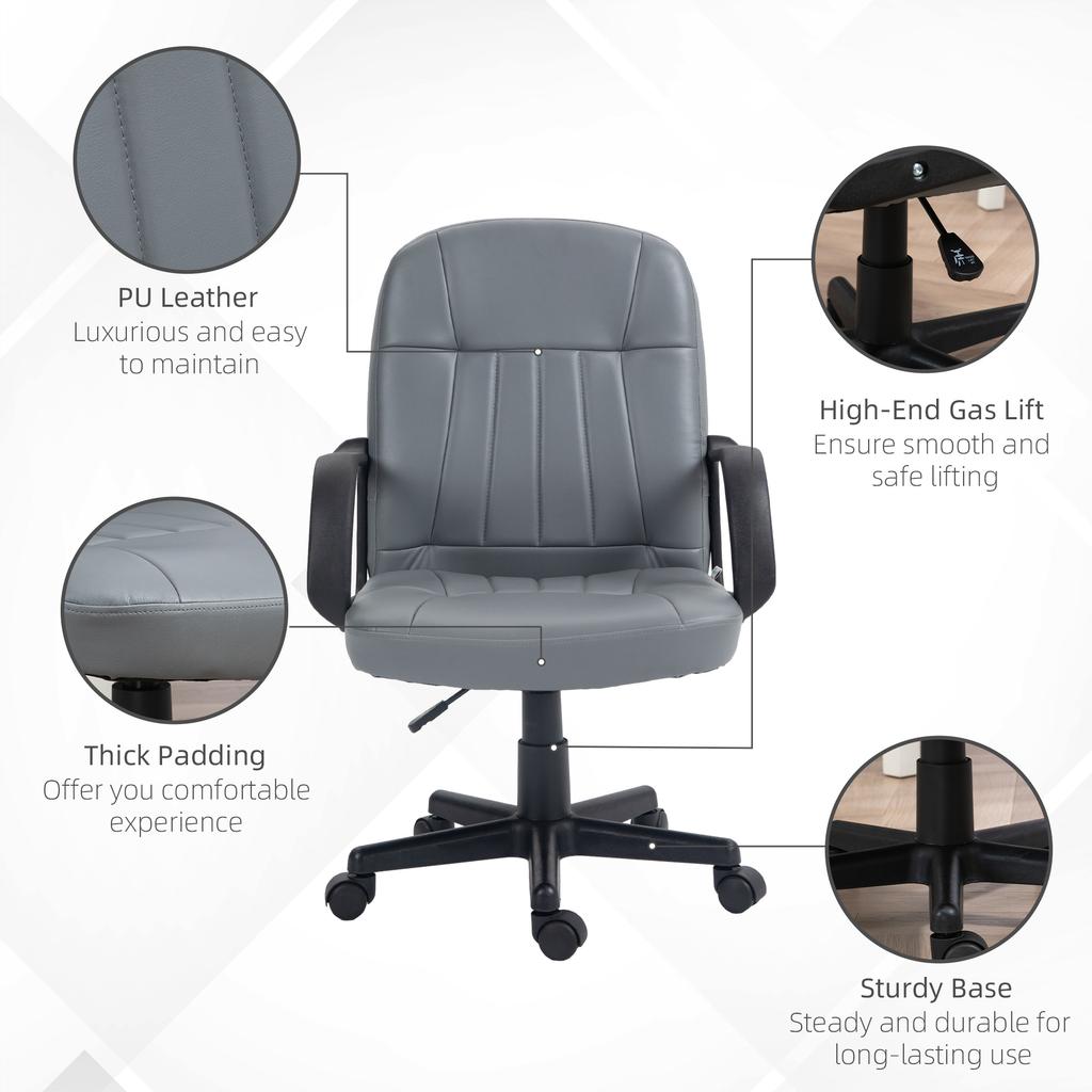 Office Chair, Swivel PU Leather Computer Desk Chair with Wheels, Armrests and Adjustable Height for Home Office, Supports 150kg, Grey