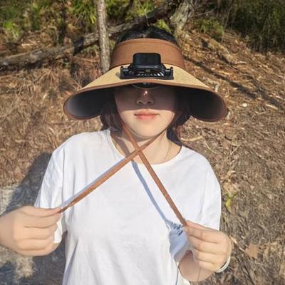 Solar Powered Ventilation Cap Straw Woven Hat Solar-powered Visor Hat with Dual Fans for Outdoor Activities Wide Brim for Beach