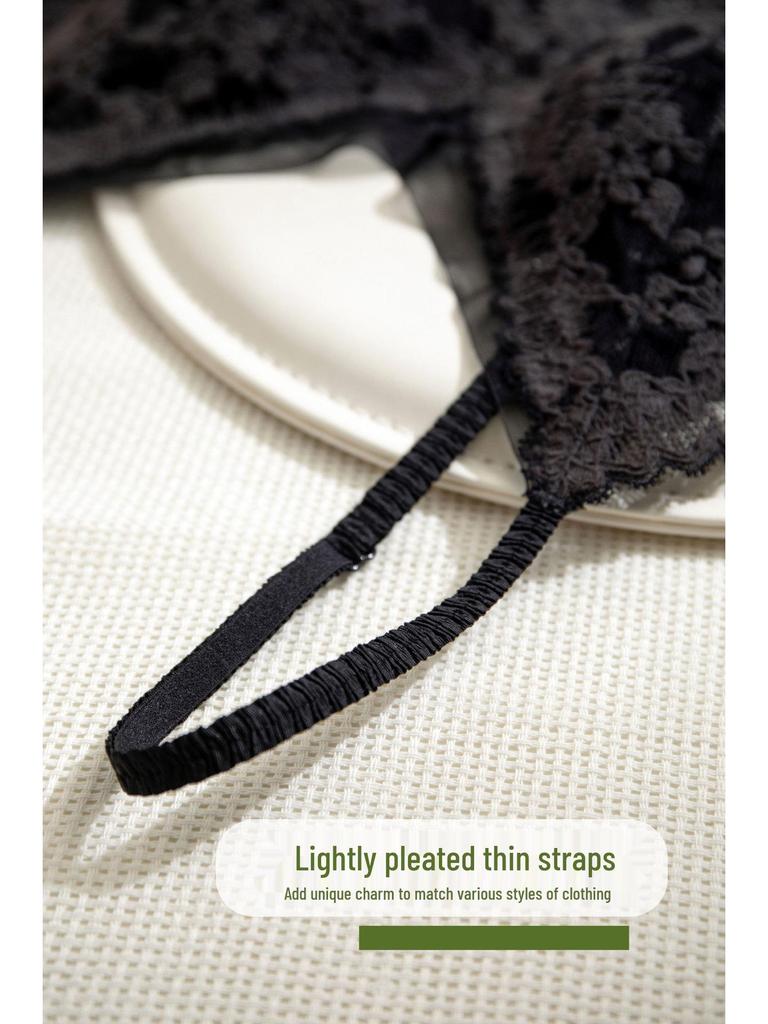 French Pure Desire Floral Lace Spaghetti Strap Triangle Cup Lingerie Set - Invisible Back Buckle Bra & Beautiful Back Design
