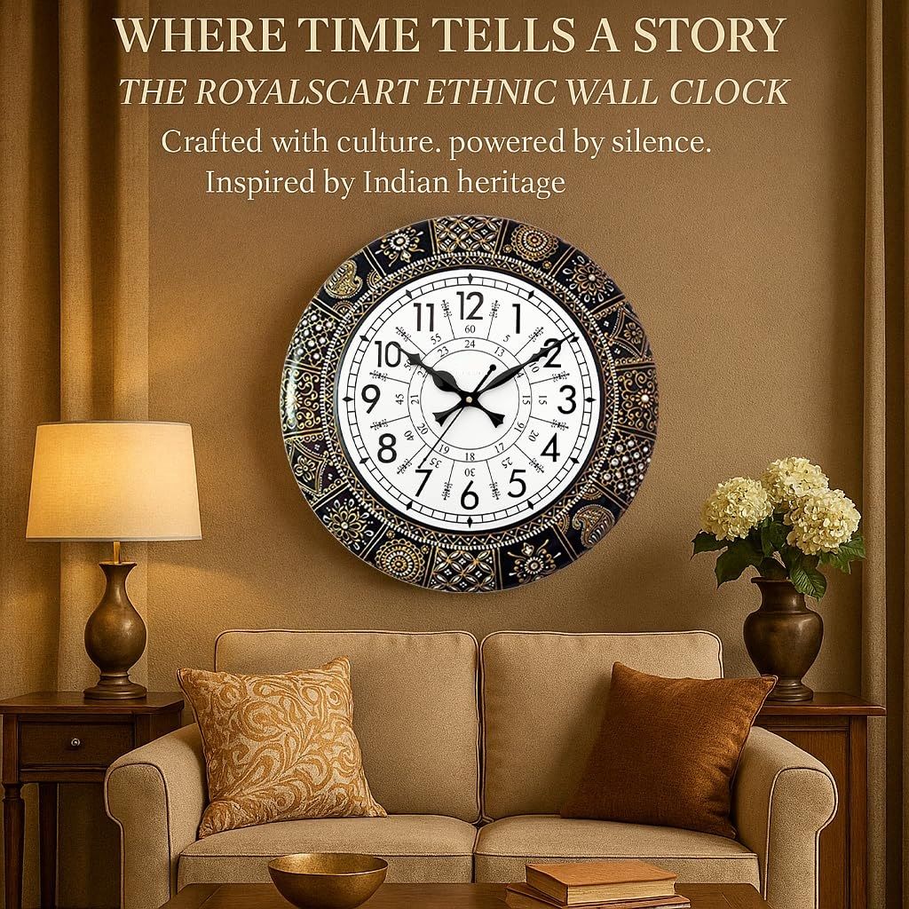 Etniczny Ręcznie Robiony Designerski Zegar Ścienny z Radżastańskim Malarstwem Kwiatowym | Czarny Drewniany Zegar Ścienny do Salonu | 24 Godziny | 16 Cali | Wzór Vintage