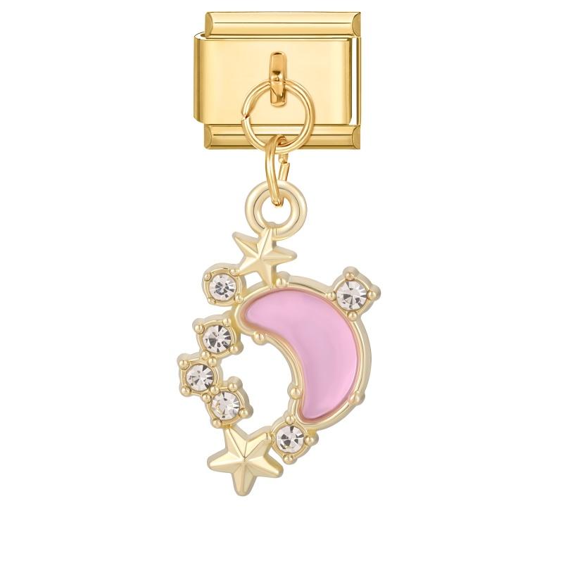 Zircon Star Moon Bow Knot Heart Gold Color Pendant Italian Charm Links Fit 9mm Stainless Steel Bracelet DIY Making for Men Women