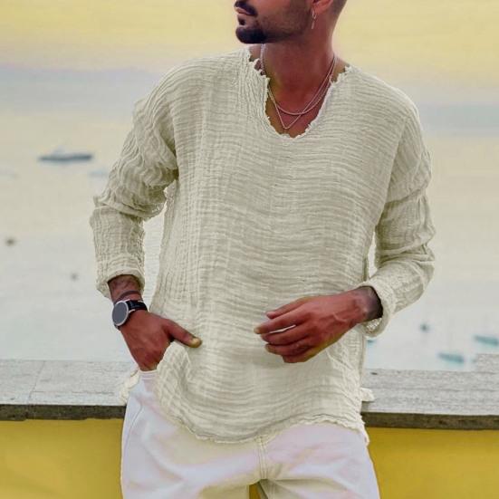 Pánské košile s výstřihem do V s dlouhým rukávem Ležérní košile topy Burr Edge Skládaný Jednobarevný Volný střih Tenký pulovr Topy Streetwear