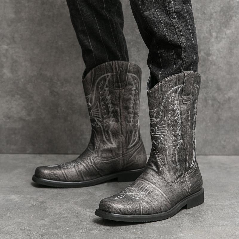 Men's leather boots autumn and winter new retro leather shoes fashionable men's large size ethnic style sleeve boots cowboy boots