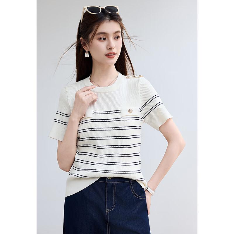 VICTORIA&VERA Women's Striped Knit Short Sleeve Top with Gold Buttons