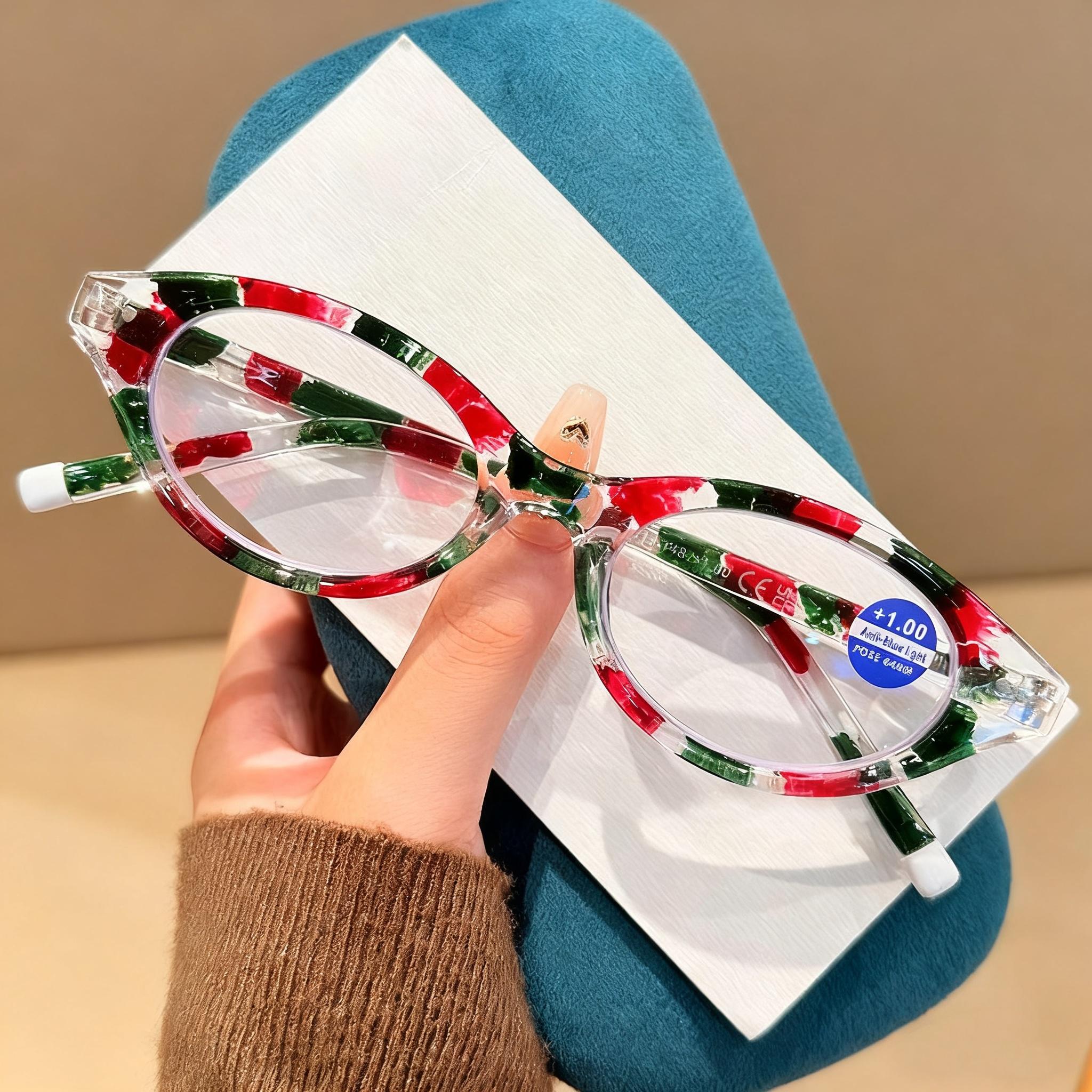 

New Elliptical Small Frame Presbyopia Glasses Fashion And High-End Printed Anti Blue Light Spring Foot Glasses Diopter To +4.0 +1.0