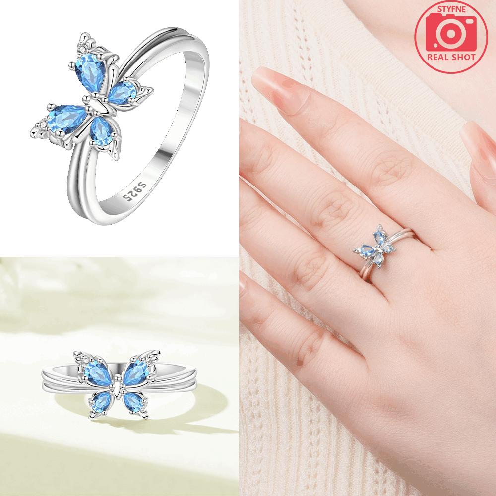 Blue Zircon Butterfly Ring Authentic Copper Purple Iris Flower Womans Ring Anniversary Fine Gift Women Jewellery Accessory