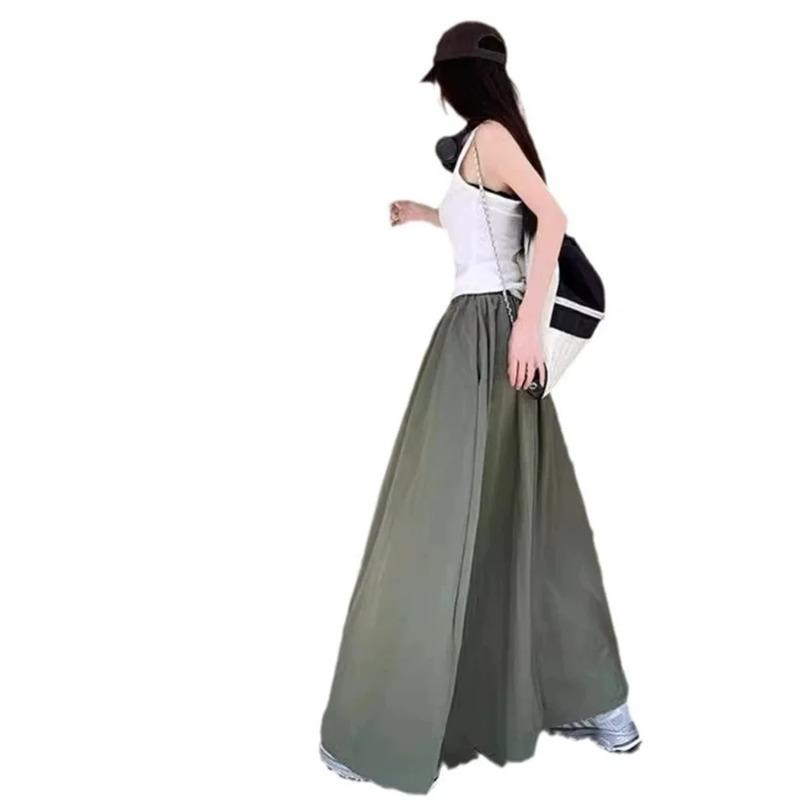 Women Retro Pockets A Line Long Skirt Ladies Casual Loose Elastic High Waist Midi Skirt Spring Summer Skirt