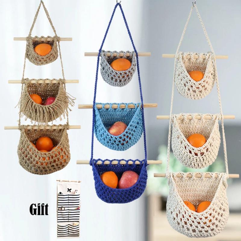 3 Pack 3 Tier INS Macrame Hanging Baskets Handmade Woven Wall Bag Kitchen Wall Mount Fruit Storage Household Food Organizer Rack