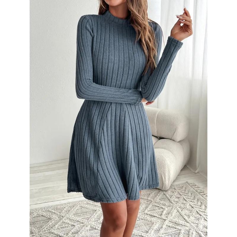 Podzimní a zimní šaty s dlouhým rukávem, polovičním rolákem, áčkového střihu, krátké, slim fit v pase, žebrované, áčkové, společenské šaty, dámské, ležérní, jednoduché oblečení