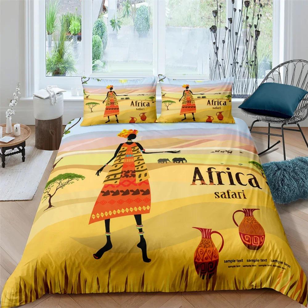 Afrikanische Frau King Queen Bettbezug Retro Exotische Tribal Black Girl Muster Bettwäsche Set Afrika Polyester Quilt Cover Kissenbezug