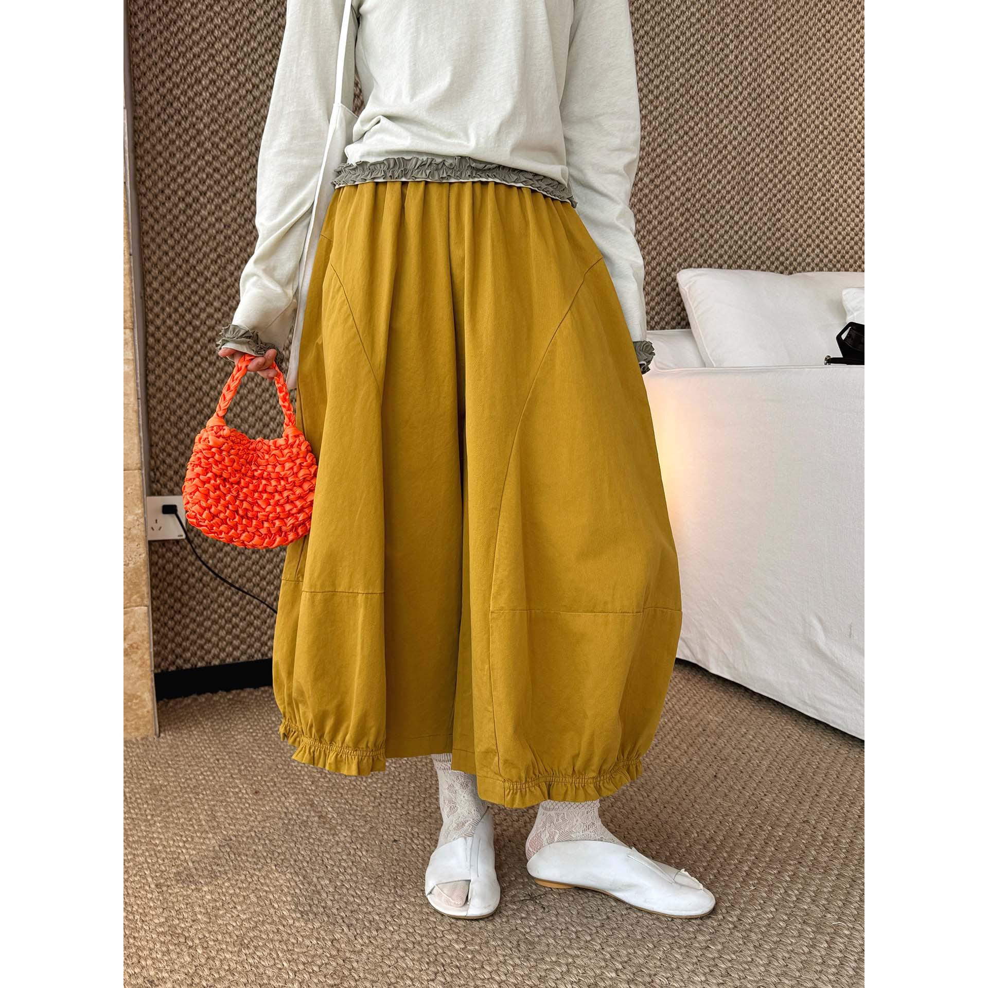 

Spring Arrival: Japanese-Inspired Elastic Waist 3D Lantern Casual Cropped Pants for Women One Size жёлтый/горчичный