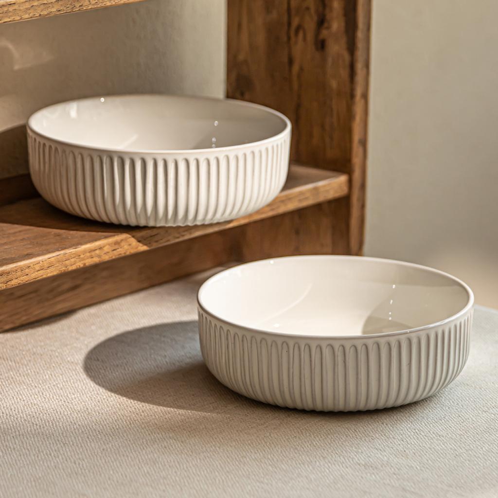Minimalist Style White Vertical Pattern Ceramic Household Bowl Soup Bowl Round Vegetable Bowl Noodle Bowl Restaurant Commercial Tableware
