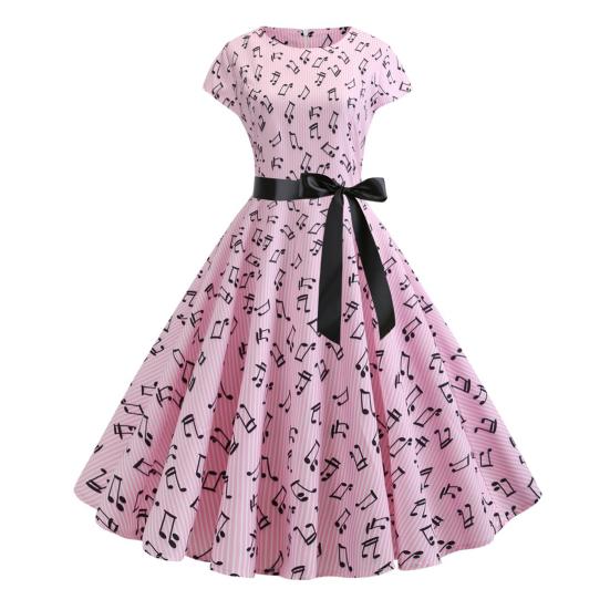 Damen-Kleid, Musik-Skala-Druck, Rundhalsausschnitt, Schleife, Gürtel, enge Taille, A-Linie, großer Saum, bunt, kurze Ärmel, Reißverschluss hinten, Damen-Midikleid