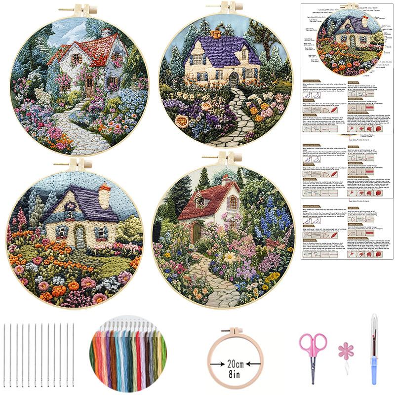 1 Set Garden and Patio DIY Embroidery Material Kit, Suitable for Beginners, Includes Tools, Stitch Tutorials, and Fabric Material Packs