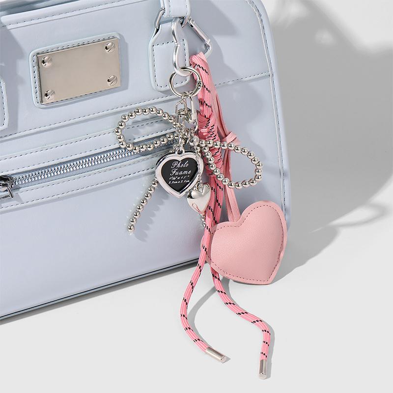 Korean Trendy Leather Heart Bow Keychain Delicate Beaded Keyring Car Key Holder Bag Pendant Decoration For Girls Gift