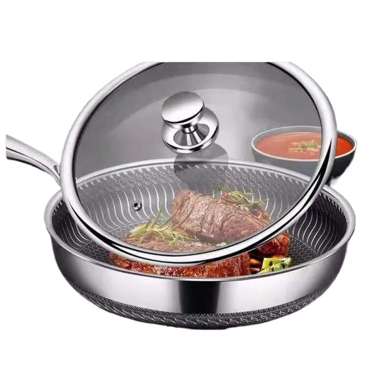 Frying Pan with Glass Lid 26/28cm Stainless Steel Honeycomb Skillet Uncoated Kitchen Cookware Induction Cooker Gas Stove Fry Pan