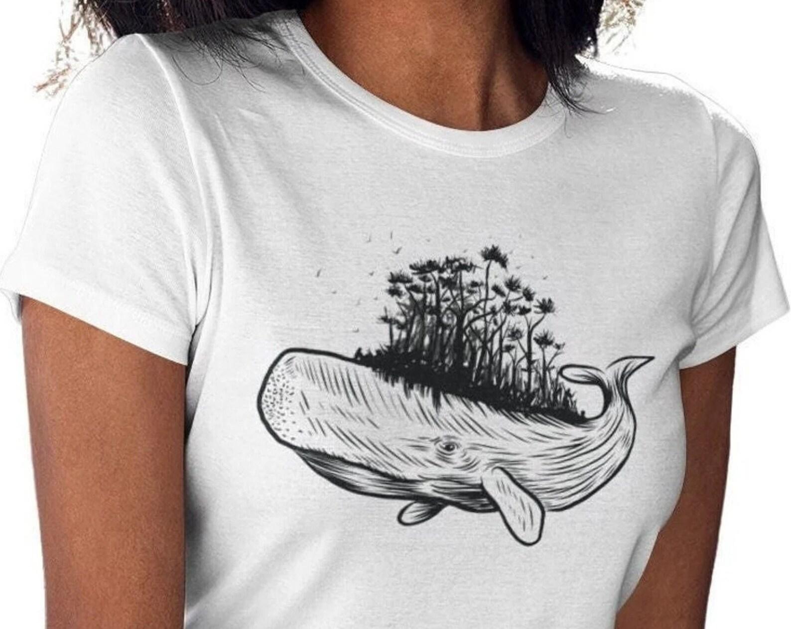 Whale with Island Women s T-shirt Ocean Graphic Sea Animals Shirt Woman Sea Animals Print T-Shirt Fish M