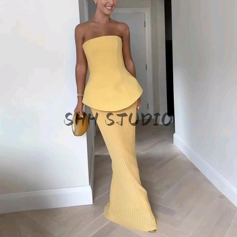 Spring New Women's Clothing Casual Minimalist Waist Trimming Short Tube Top Tops + High Waist Pleated Skirt Two-piece Set