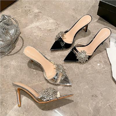 Fashion 2025 Summer New High-Heeled Pointy Flip-Flops Banquet Rhinester Slippers Thin Heels Open Toe Sandals Women