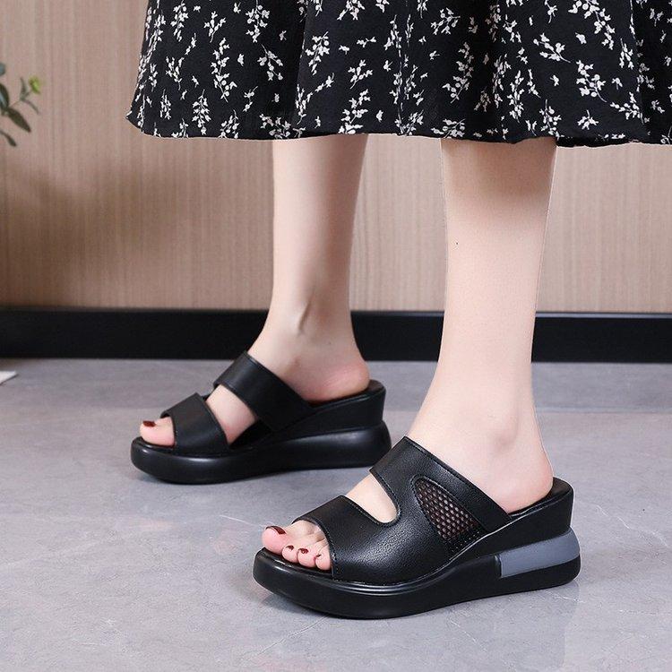 Wedge heel slippers women's summer high heel thick bottom one-word drag wear fish mouth women's cool slippers women