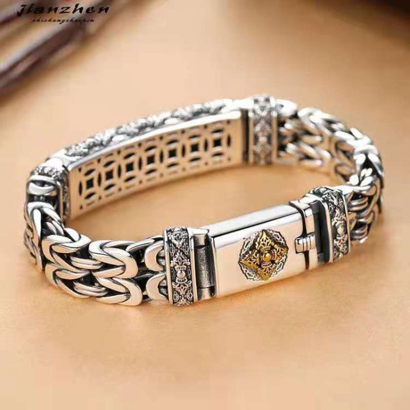 Bracelet Homme Argent Tide Bijoux de Main Vajra Pilou Motif de Sécurité Chaîne Bracelet Exquis