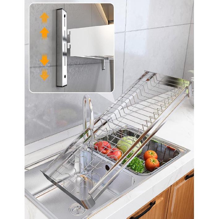 Stainless Steel Wall-Mounted Dish Rack, Dish Drying Rack with Drip Tray, Cutlery Rack and Cutting Board Rack, Silver (80x30cm)