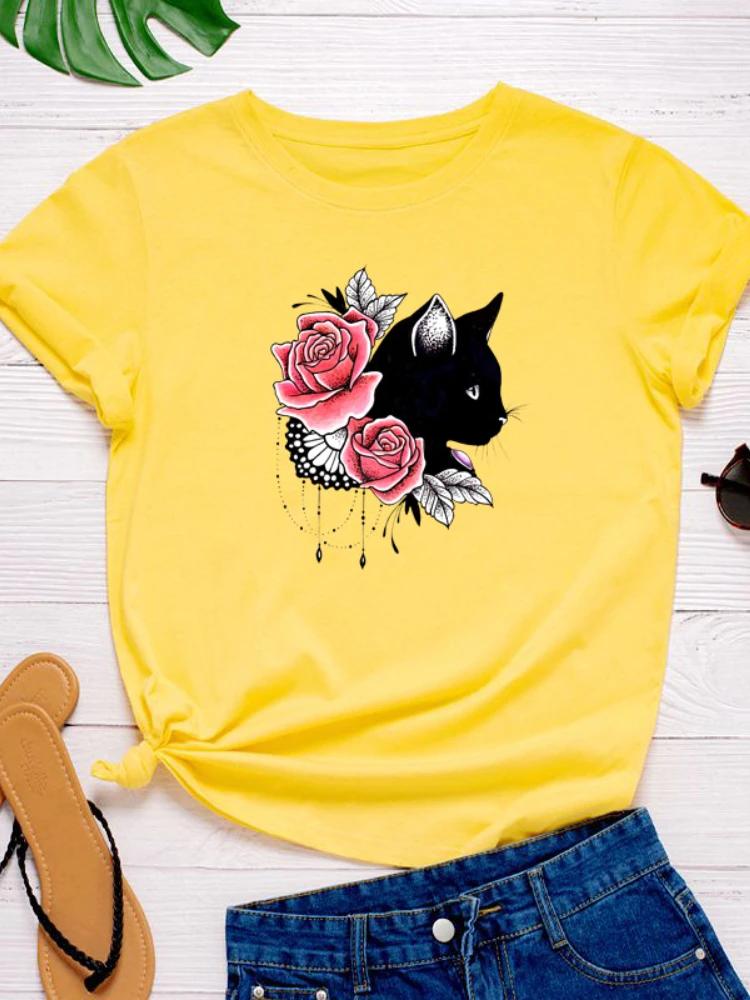 Black Cat Flower Print Women T Shirt Short Sleeve O Neck Loose Women Tshirt Ladies Fashion Tee Shirt Tops Camisetas Mujer