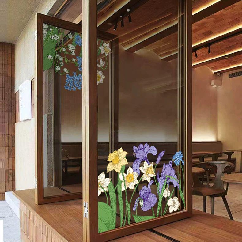 Purple Fresh Flower Static Cling Decoration for Shop Windows and Doors