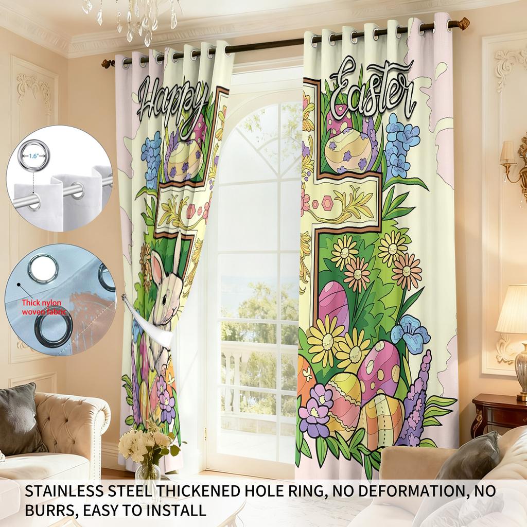 Set Of 2 Easter Cartoon Rabbit Cross Print Perforated Curtains Multiple Sizes Living Room Bedroom Insulation Decoration Curtain Blackout Polyester