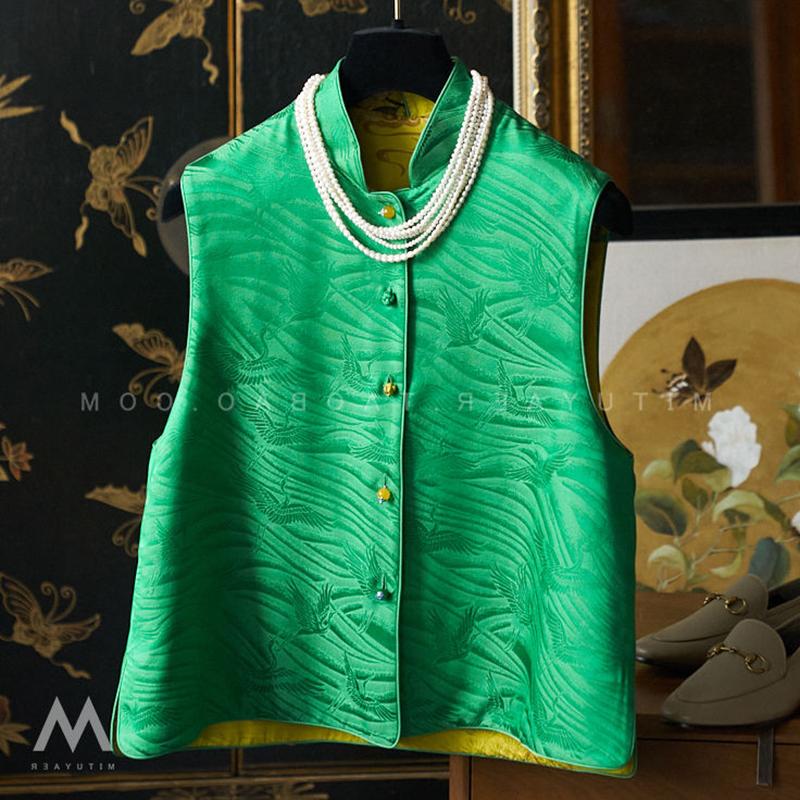 Chinese Style Vest Jacket Front and Back Two Wear Imitation Silk Jacquard Vests Top Spring Autumn Temperament Women s Clothing M зелёный