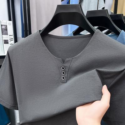 Men's Business Casual Three Button V-neck Short Sleeved T-shirt Korean Style Summer Comfortable Versatile Top