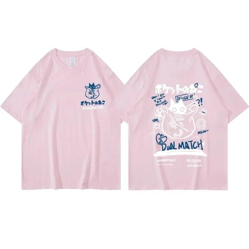 Unisex Women Cotton T-Shirt Japanese Kanji Funny Cat Printed T Shirt Harajuku Casual Short Sleeve Tshirt Streetwear Trend Tee Tops