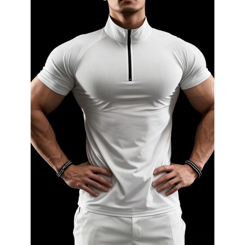 Men European Size Slim Fit Summer Half Zip Short Sleeve Ribbed Polo Shirt