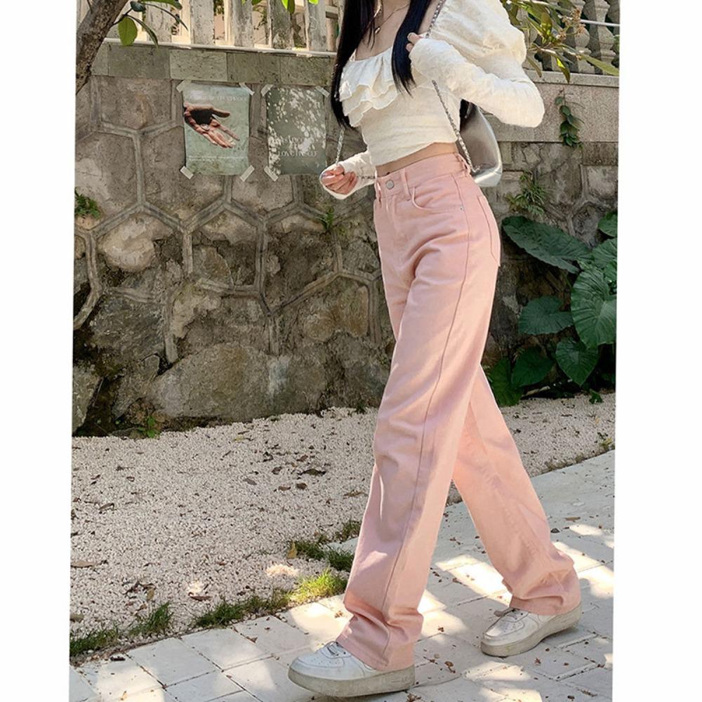 Casual simple straight wide-leg jeans for women's spring and autumn new high-waisted and thin Korean version of wide-leg floor pants