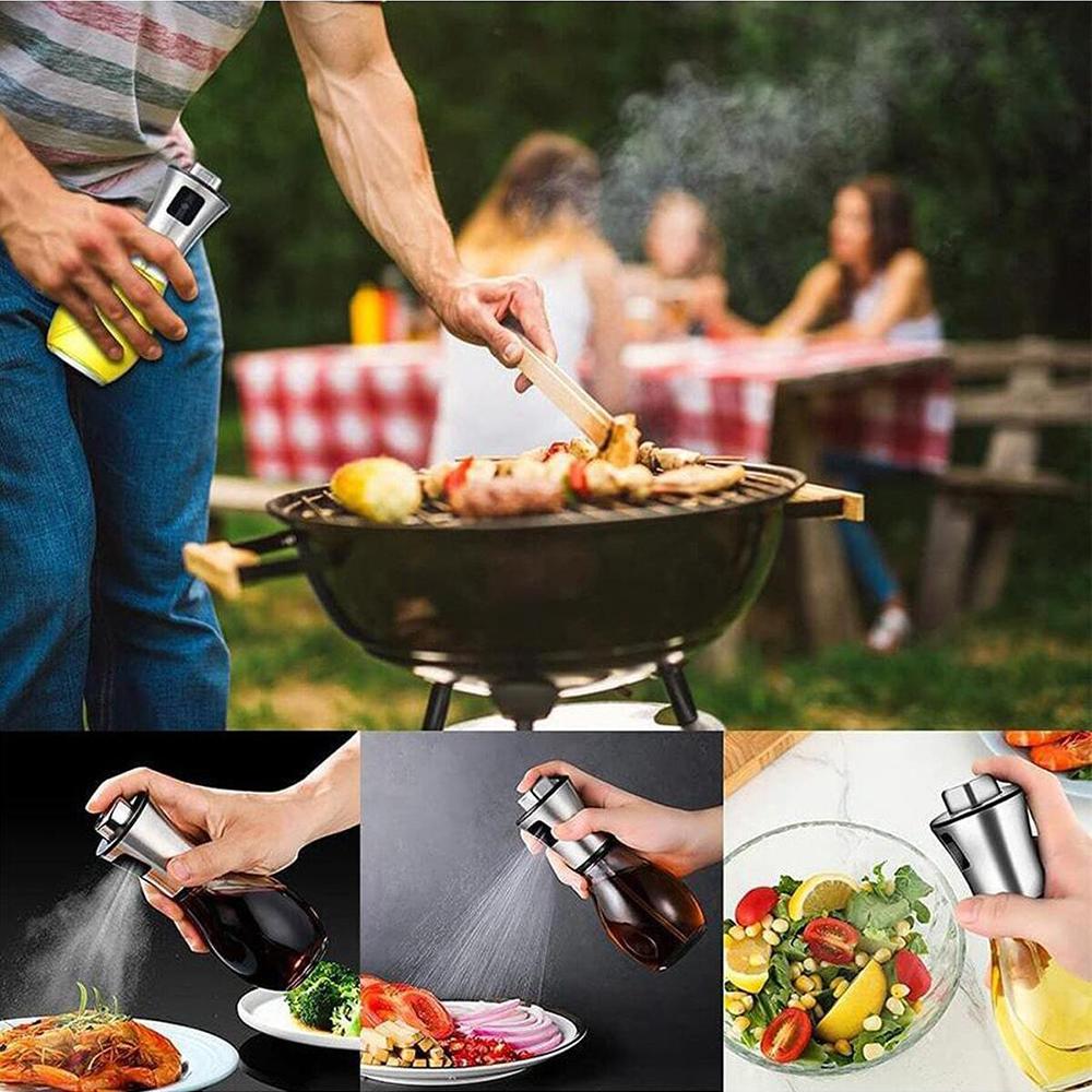 200ML Stainless Steel Spray Bottle Transparent Glass Press Type Oil Bottle Food Grade Portable Barbecue Air Frying Pan Baking