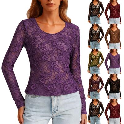 Koszule z koronką na długi rękaw dla kobiet T-shirty Bluzki Codzienne Podstawowe Top Pulower Wiosna