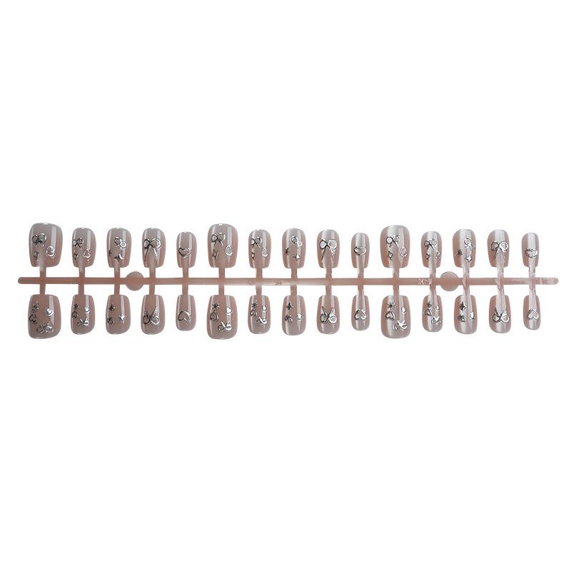30-Piece European Silver Cat's Eye Bow Star Short Press-On Nails