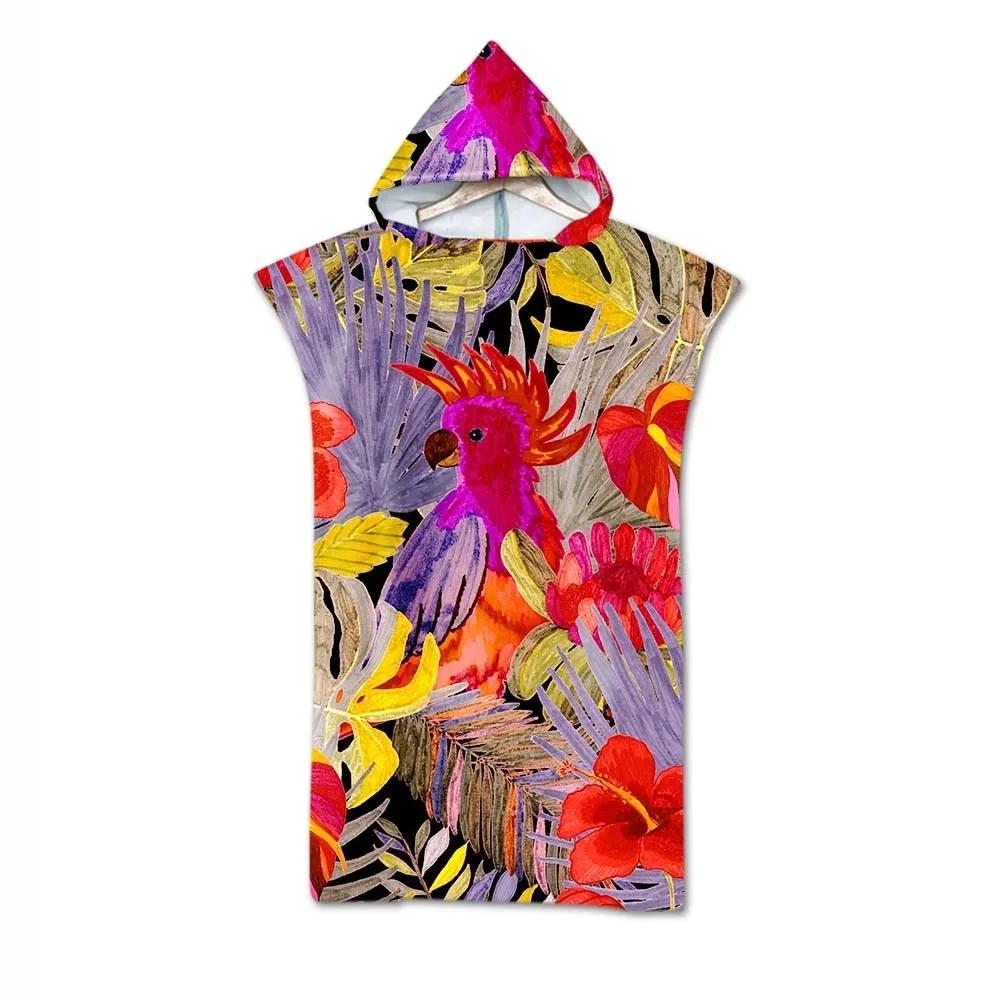 Microfiber Hooded Beach Towel For Adults Fashion Swimming Pool Bath Towel With Cloak Tropic Plant Flamingo Printed Bathrobe