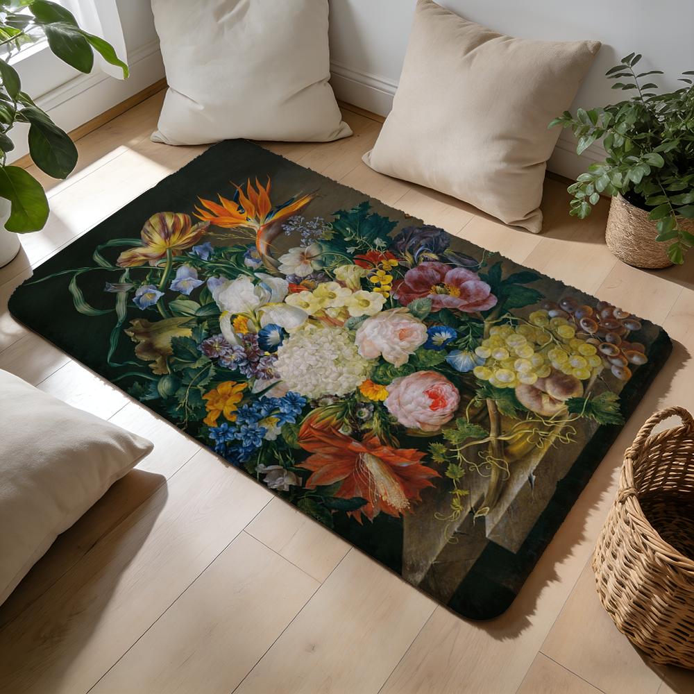 Advanced Flower Oil Painting Floor Mat Soft Flannel Absorbent Mat Non-Slip Rug Home Bedroom Bathroom